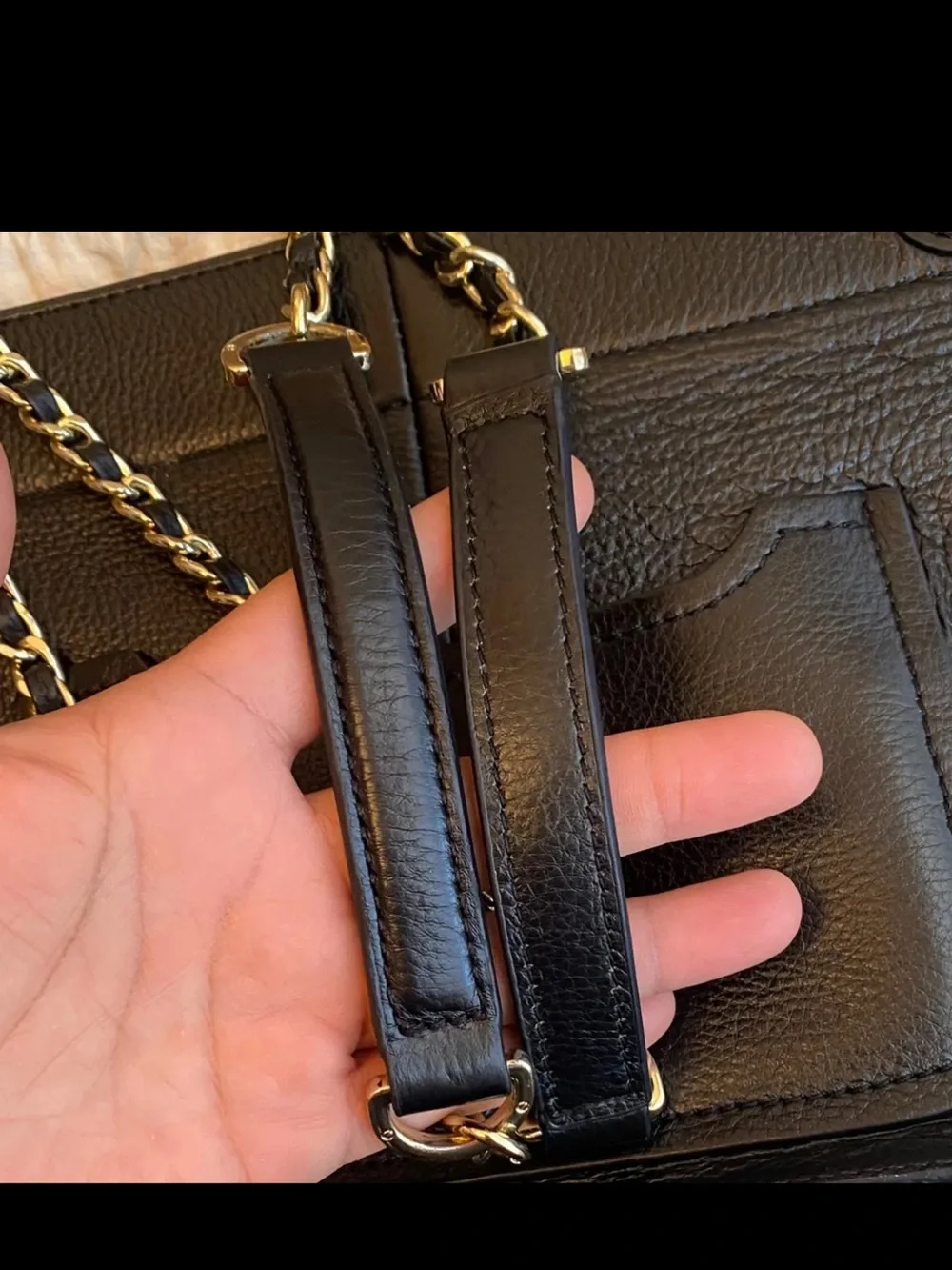 Tory Burch Marion Black Leather Shoulder Bag with Gold Chain